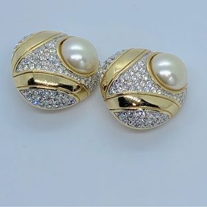 Rare Vintage Large S.A.L. Swarovski Crystal Gold Tone Faux Pearl Clip Earrings